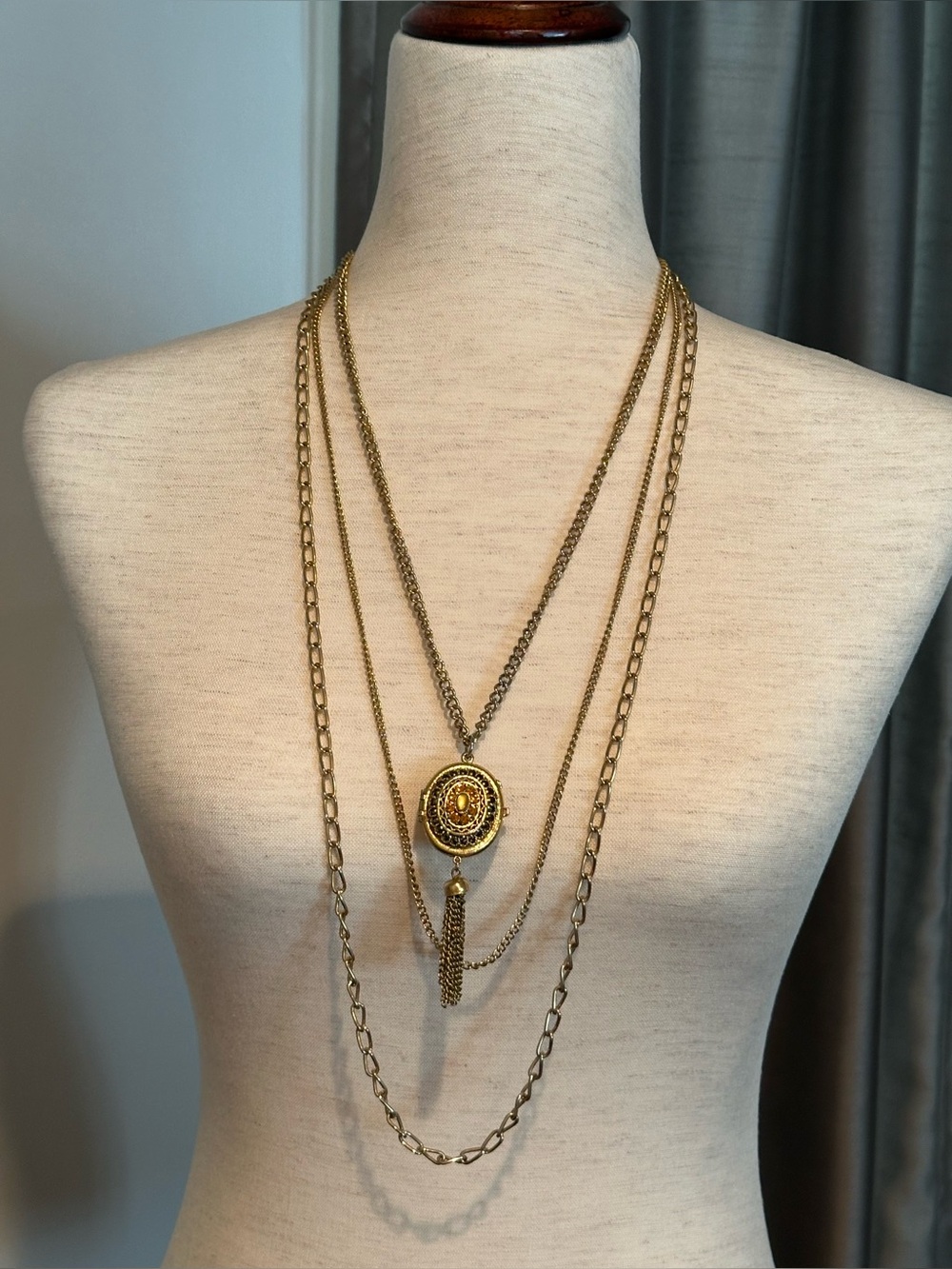 Goldette triple-layer necklace w/dual sided pendant, amber stones & crystals